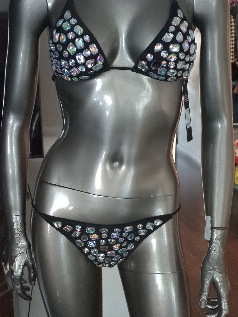 Fashion Nova Black Bikini Top with Iridescent Crystal Accents